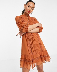 Рыжее платье мини с кружевными вставками и завязкой ASOS DESIGN-Коричневый цвет