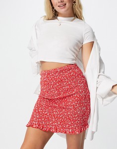 Красная мини-юбка от комплекта с разрезом и мелким цветочным принтом белого цвета Love Triangle-Многоцветный