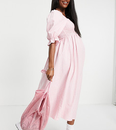 Розовое платье миди из фактурного жатого материала в клетку с рукавами 3/4 New Look Maternity-Розовый цвет