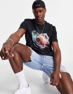 Черная футболка классического кроя с принтом розы River Island-Черный цвет