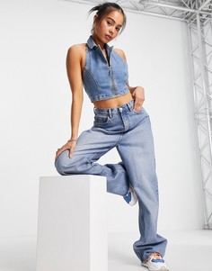 Синий джинсовый топ с бретелью через шею Topshop-Голубой