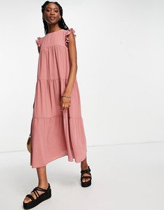 Ярусное платье миди нюдового оттенка с оборками, без рукавов ASOS DESIGN-Розовый цвет