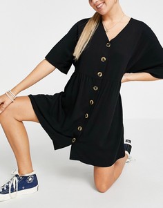 Черное свободное платье мини с пуговицами и V-образным вырезом ASOS DESIGN-Черный цвет
