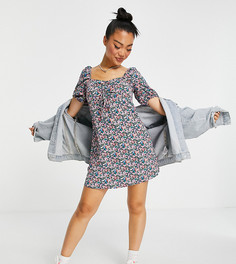 Черное присборенное платье мини с цветочным принтом New Look Petite-Белый