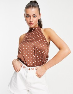 Коричневый топ в горошек с завязкой через шею River Island-Коричневый цвет