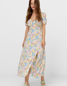 Платье миди с пастельным цветочным принтом и разрезом Topshop-Многоцветный Stradivarius