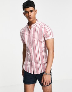 Узкая эластичная рубашка в красную полоску с воротником на пуговицах ASOS DESIGN-Белый