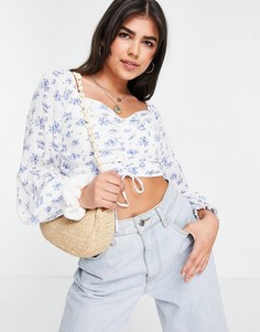 Голубой топ с открытыми плечами и цветочным принтом Hollister-Multi