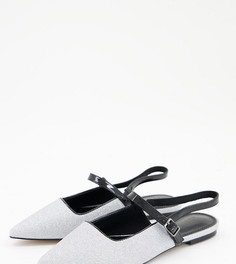 Туфли на плоской подошве серебристого цвета с блестками, острым носком и ремешком на подъеме для широкой стопы ASOS DESIGN Wide Fit Lewin-Серебристый