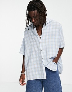 Голубая льняная рубашка в стиле super oversized в клетку с отложным воротником ASOS DESIGN-Голубой