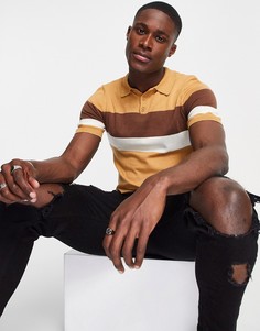 Светло-коричневое трикотажное поло облегающего кроя с полосками на груди ASOS DESIGN-Коричневый цвет