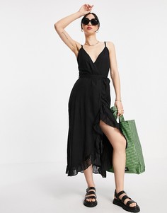 Сарафан макси черного цвета в фактурную клетку с запахом и завязкой ASOS DESIGN-Черный цвет