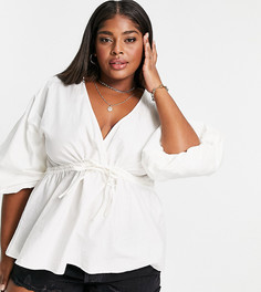 Хлопковый топ-кимоно цвета слоновой кости с завязкой на талии ASOS DESIGN Curve-Бесцветный