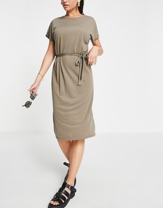 Светло-коричневое трикотажное платье миди с поясом JDY-Коричневый цвет