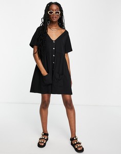Черное свободное платье мини на пуговицах, с карманами ASOS DESIGN-Черный цвет