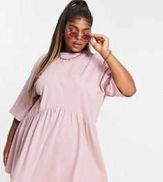 Платье мини в стиле oversized с присборенной юбкой и заниженной талией розового цвета ASOS DESIGN Curve-Розовый цвет