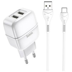 Сетевое зарядное устройство 2xUSB с кабелем USB Type-C Hoco C77A Highway - Белое
