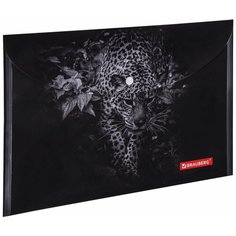 BRAUBERG Папка-конверт с кнопкой Leopard А4, пластик черный