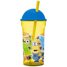 Стакан пластиковый с соломинкой и крышкой-полусферой (прозрачный, 460 мл). Миньоны Страна веселья Stor
