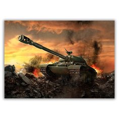 Магнит на холодильник малый - A5, World of tanks, танк едет по развалинам, огонь и дым Drabs