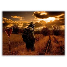 Магнит на холодильник малый - A5, Stalker в противогазе, рельсы, поле Drabs