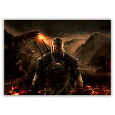 Магнит на холодильник большой - A4, Witcher, Ведьмак на фоне гор, птицы, лава Drabs