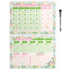 Планер магнитный 2 в 1, "Цветы розово-зелёные", на месяц А3, неделя с заметками А3, маркер с магнитом и стирателем, Дарите подарок, planner_flowers_pink_green_А3х2_4_wfw_3 ДАРИТЕПОДАРОК.РФ