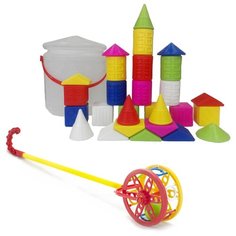 Набор развивающий Каталка "Колесо" арт. 40-0032 + Конструктор «Городок», 28 дет. арт. К-001 Karolina Toys