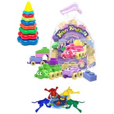 Набор развивающий: Пирамида детская большая + Конструктор "Кноп-Кнопыч" 61 дет. ПАСТЕЛЬ + Команда КВА №1 БИПЛАНТ