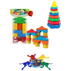 Набор развивающий: Пирамида детская большая + Мягкий конструктор для малышей "КНОПИК" 14 дет. + Команда КВА №1 БИПЛАНТ