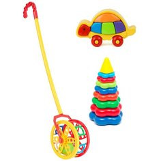 Набор развивающий: Каталка "Колесо" + Логическая черепашка + Пирамида детская большая KAROLINA TOYS