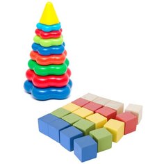 Набор развивающий: Пирамида детская большая + Набор для конструирования "Кубики" 20 кубиков Мишка Кострома
