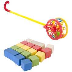 Набор развивающий: Каталка "Колесо" + Набор для конструирования "Кубики" 20 кубиков Мишка Кострома