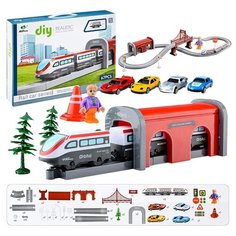 Железная дорога Oubaoloon 67 элементов, декорации, 2 локомотива, вагон, 4 машинки, фигурка человечка, в коробке (AU2880)