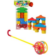 Набор развивающий: Мягкий конструктор для малышей "КНОПИК" 14 дет. + Каталка "Колесо", БИПЛАНТ