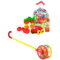 Набор развивающий: Конструктор "Кноп-Кнопыч" 36 дет. + Каталка "Колесо", БИПЛАНТ