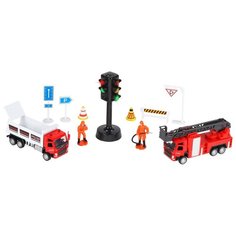 Машинка детская, металлическая, инерционная, Автопанорама, коллекционная, набор "Пожарная служба", М 1:72, 2 машинки Volvo FM, светофор (свет, звук), фигурки пожарных.