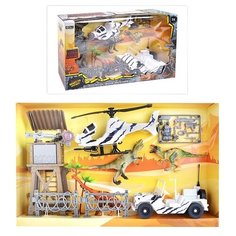 Набор военный Oubaoloon Вертолет, джип, фигурка солдатика и 3-х динозавров, с аксессуарами и вышкой, в коробке (7729B)