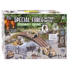 Набор военный Oubaoloon Танк, джип, мотоцикл, лодка, 3 солдатика, мост, вышка, свет, звук, в коробке (6644)