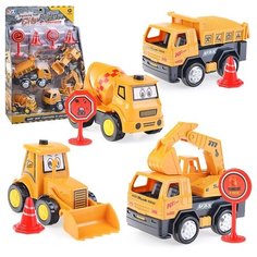 Строительная техника Oubaoloon 4 машины, дорожные знаки, в коробке (988J)