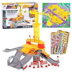 Парковка Oubaoloon "Строительная техника", 2 машинки, игровое поле, с краном, в коробке (92829)