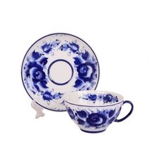 Чашка с блюдцем чайная. Гжельская мануфактура. Форма Белый лебедь. Рисунок Роза. 275 мл.