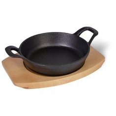 Сковорода Fissman 15x3,9 см с двумя боковыми ручками на деревянной подставке (чугун) (4131)