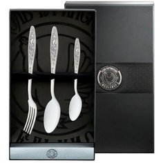 Набор столовый посеребренный с чернью "Морозко" (ложка, вилка, ложка чайная) в футляре Кольчугинский мельхиор