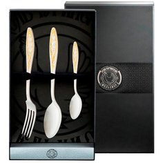 Набор столовый посеребренный с позолотой "Морозко" (ложка, вилка, ложка чайная ) в футляре Кольчугинский мельхиор