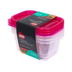 Контейнер прямоугольный 0.5л ДхШхВ 142х93х70 мм 3 шт/уп крышка КРАСНАЯ ПЛАСТИК BORA