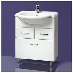 Тумба с раковиной в ванную комнату «Акваль Эмили» 70 см, напольная, два выдвижных ящика, нижняя дверь откидная с корзиной для белья, фасад МДФ пленочный белый глянец, корпус ЛДСП цвет белый, умывальник: Люкс-Верона Л 70