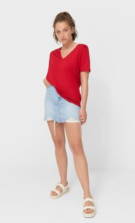 Stradivarius Базовая Футболка С V-Образным Вырезом Красный L