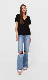 Stradivarius Базовая Футболка С V-Образным Вырезом Черный S