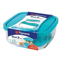 Набор из 2-х стеклянных контейнеров Frigoverre Bormioli Rocco, квадратный 19*19 см, круглый d-15см, с синей крышкой